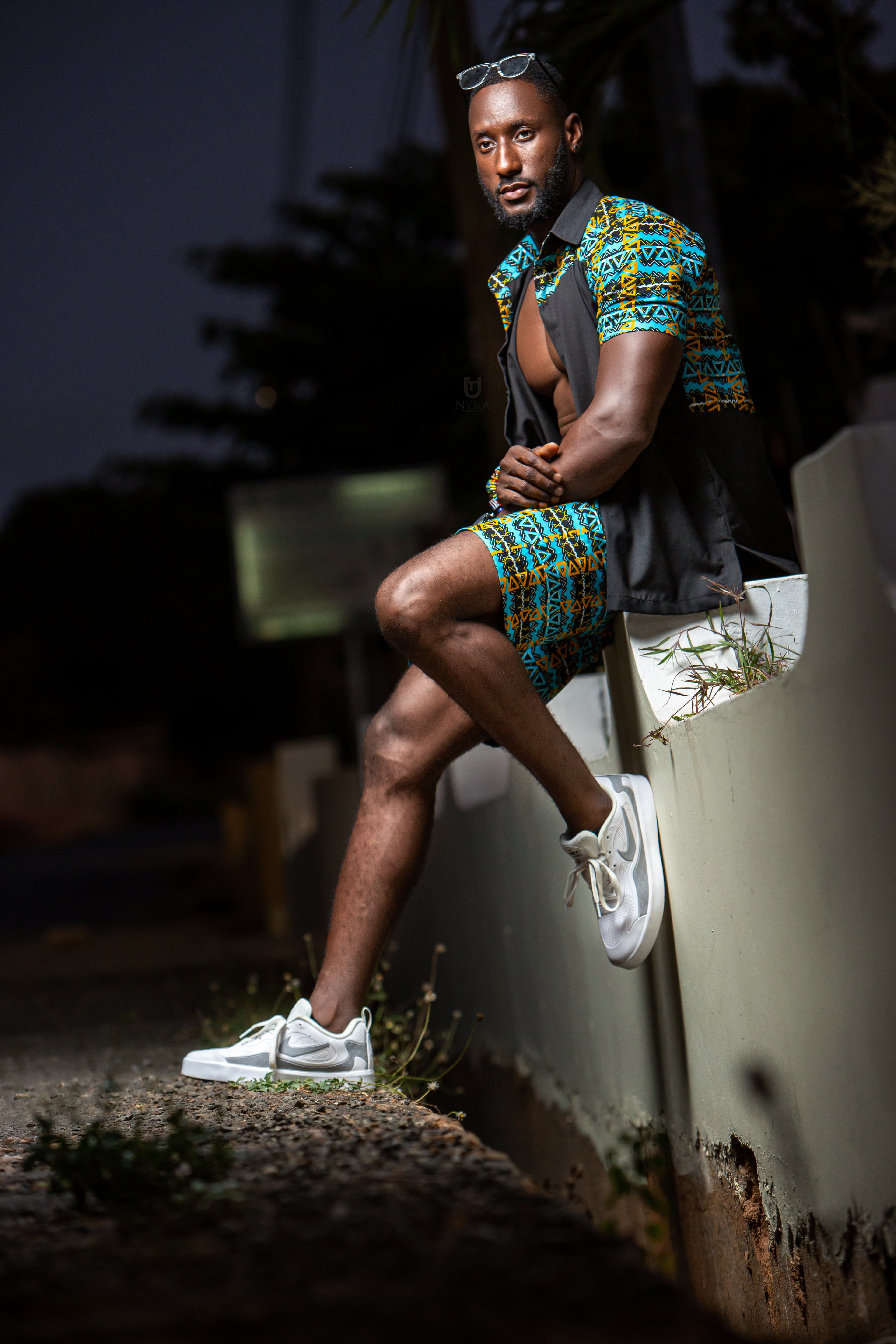 Teal Geometric Shorts — night editorial