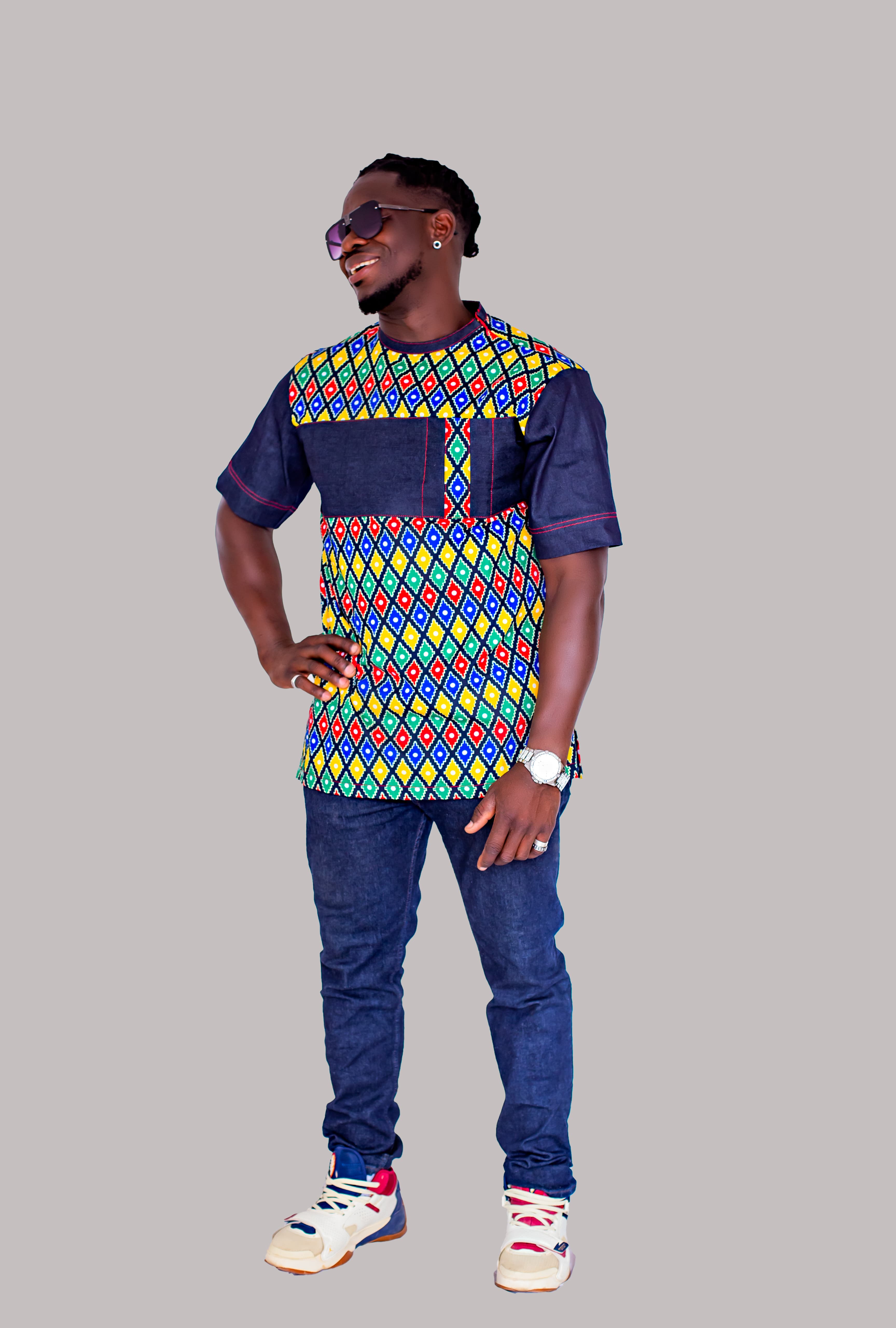 Ankara Denim Panel Shirt — full length