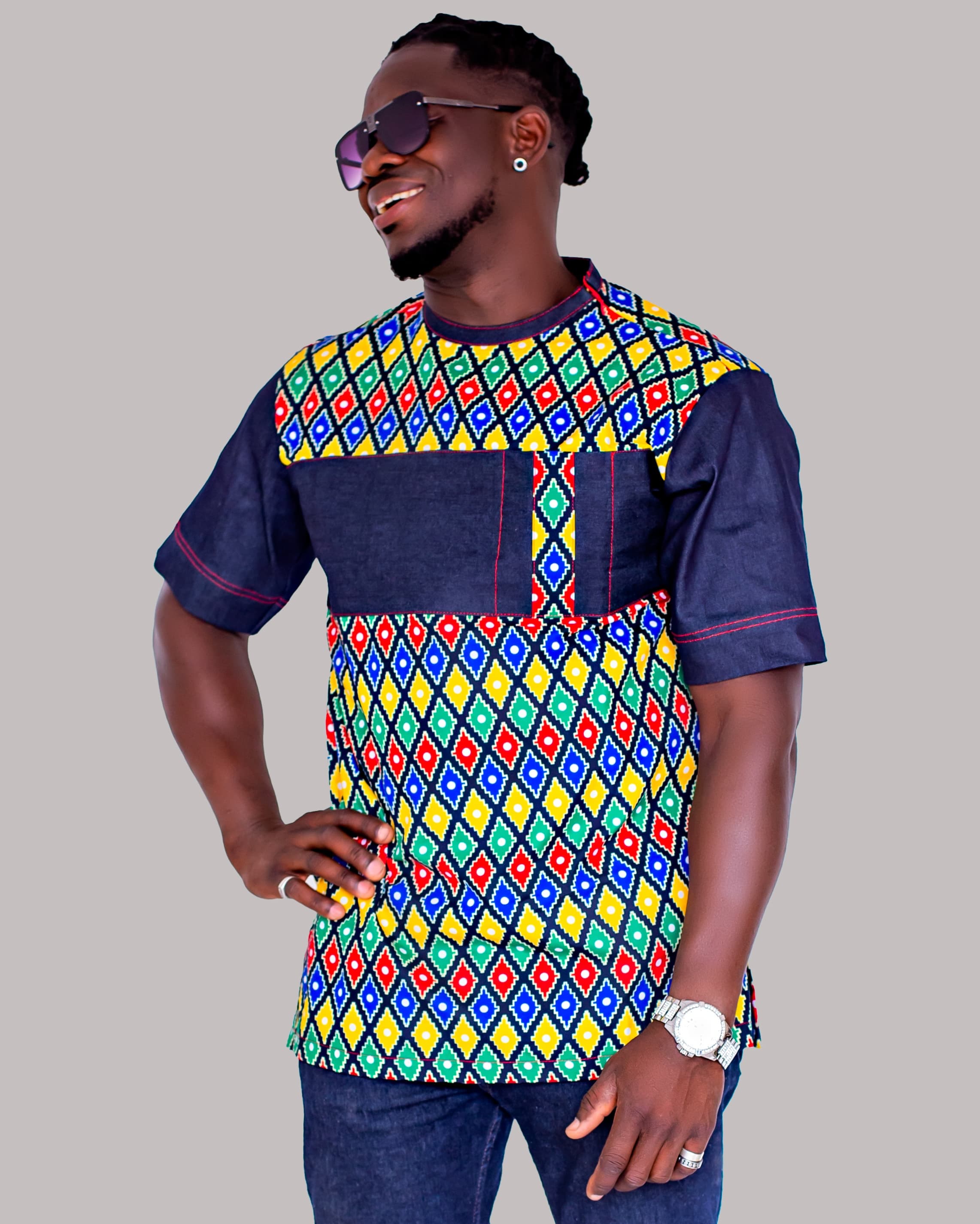 Ankara Denim Panel Shirt — upper body